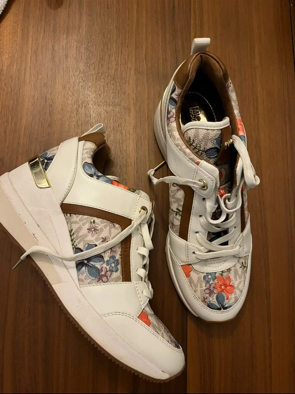 Michael Kors Georgie Trainers White Floral White Wedge Logo Size 7